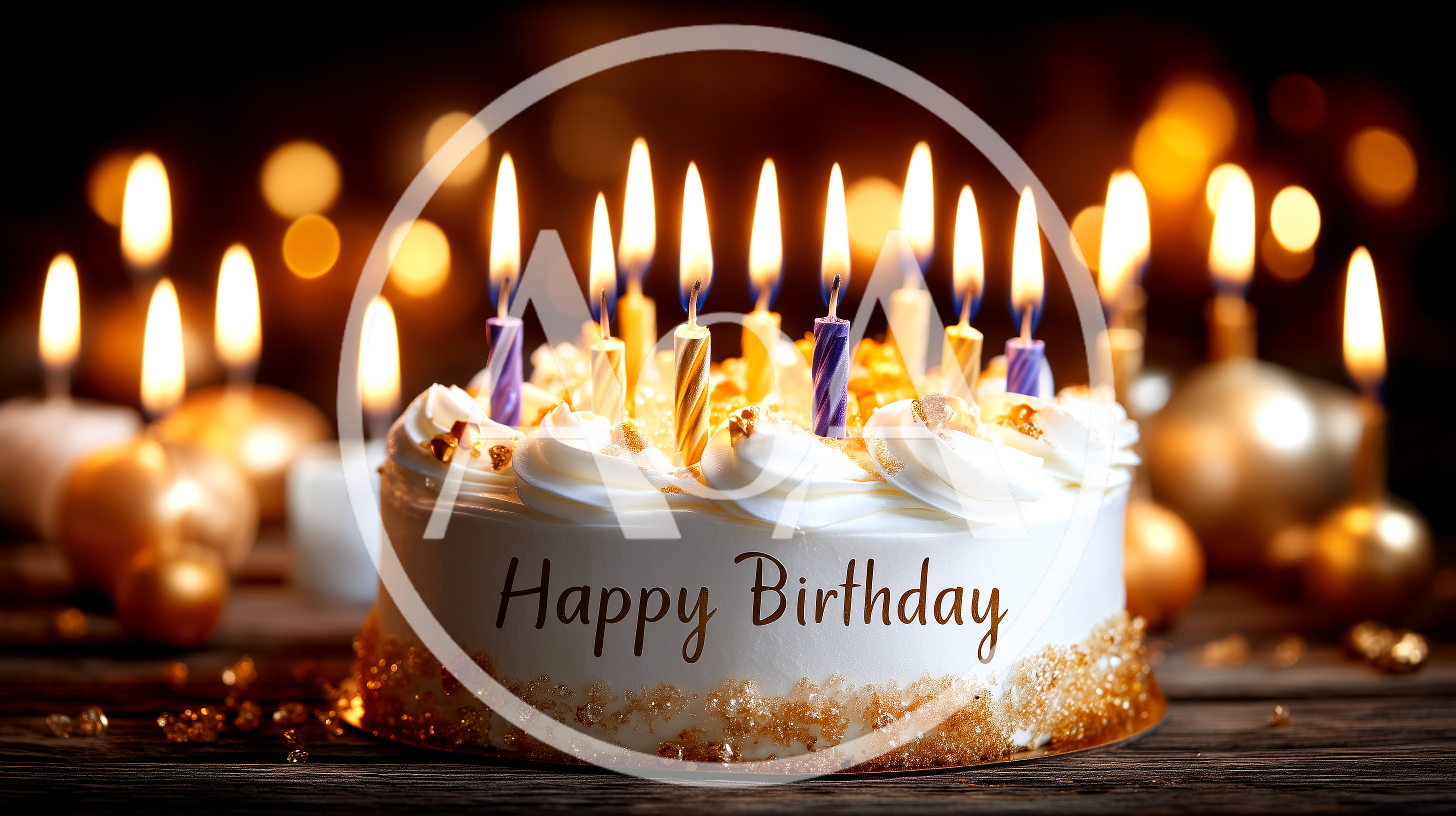 Birthday Cake With Lit Candles On Wooden Table