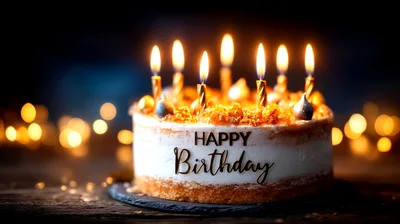 Birthday Cake With Lit Candles On Dark Background