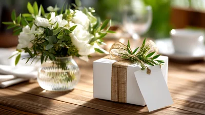 White Gift Box With Flowers On Wooden Table
