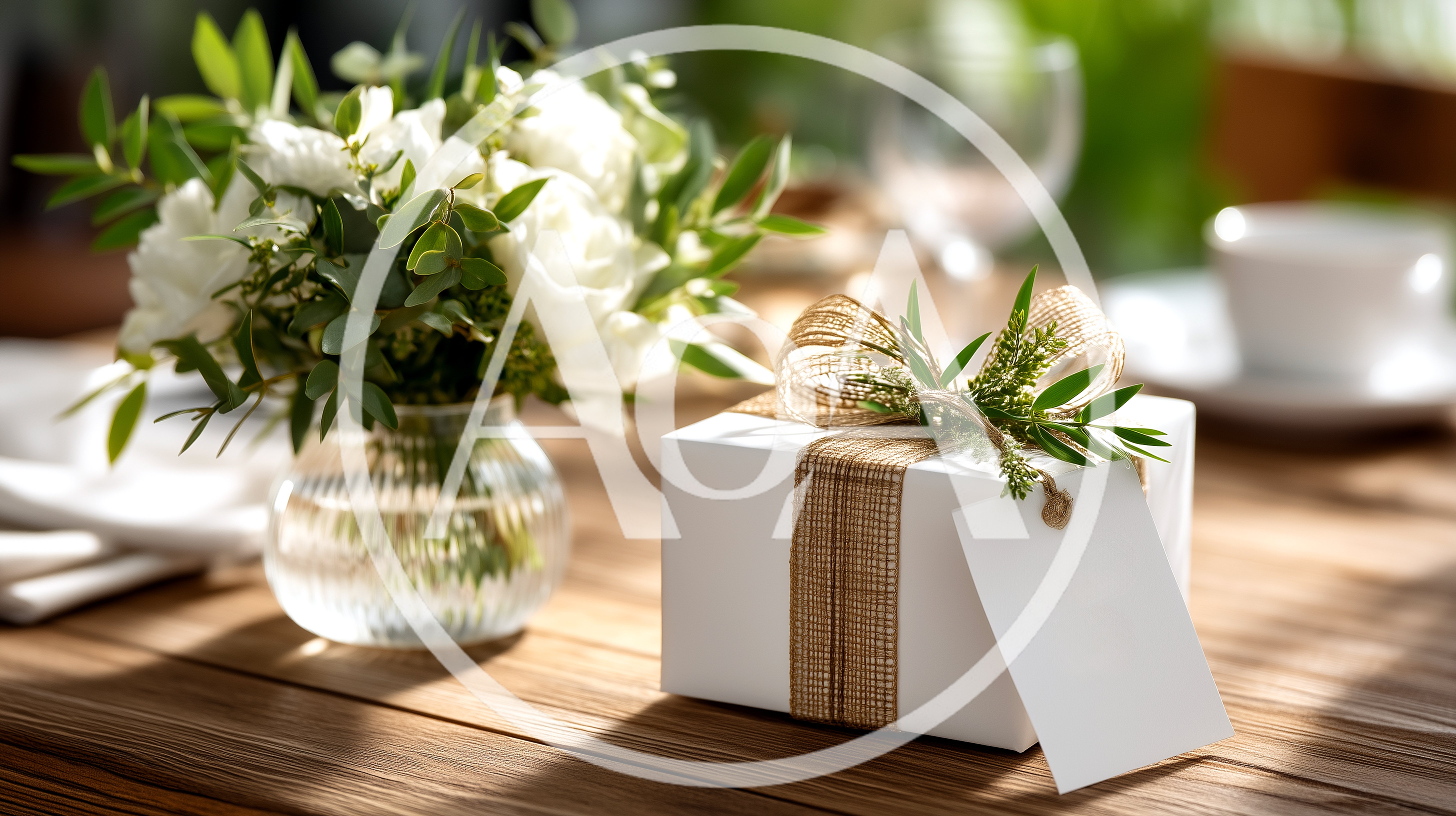 White Gift Box With Flowers On Wooden Table