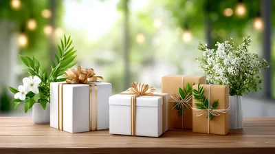 Gift Boxes With Flowers On A Wooden Table