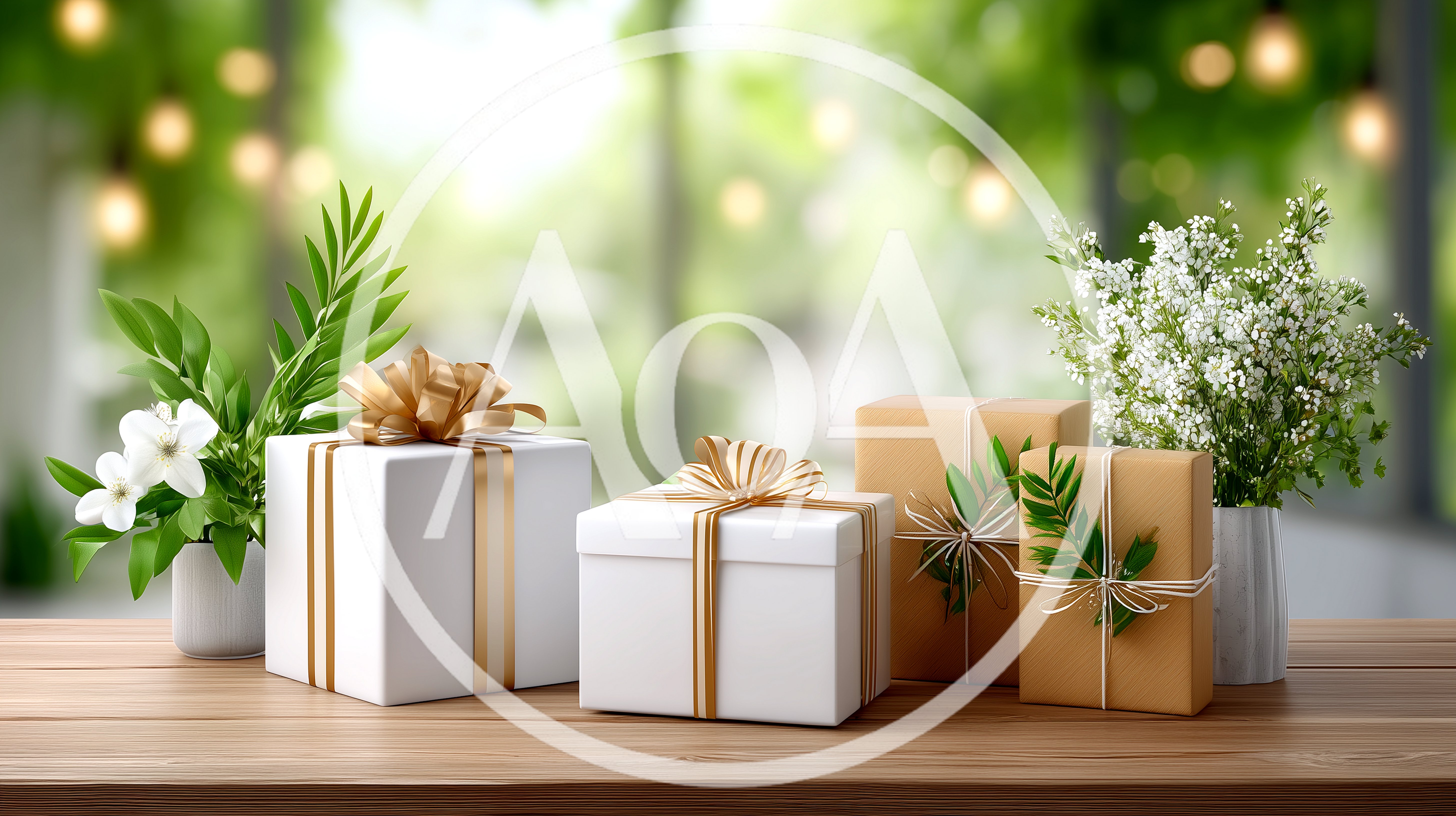 Gift Boxes With Flowers On A Wooden Table