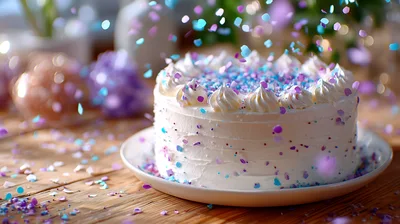 White Frosted Cake With Blue And Purple Sprinkles