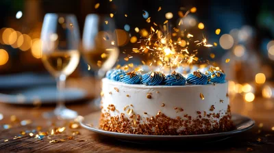 Celebratory Birthday Cake With Sparkler And Wine Glasses