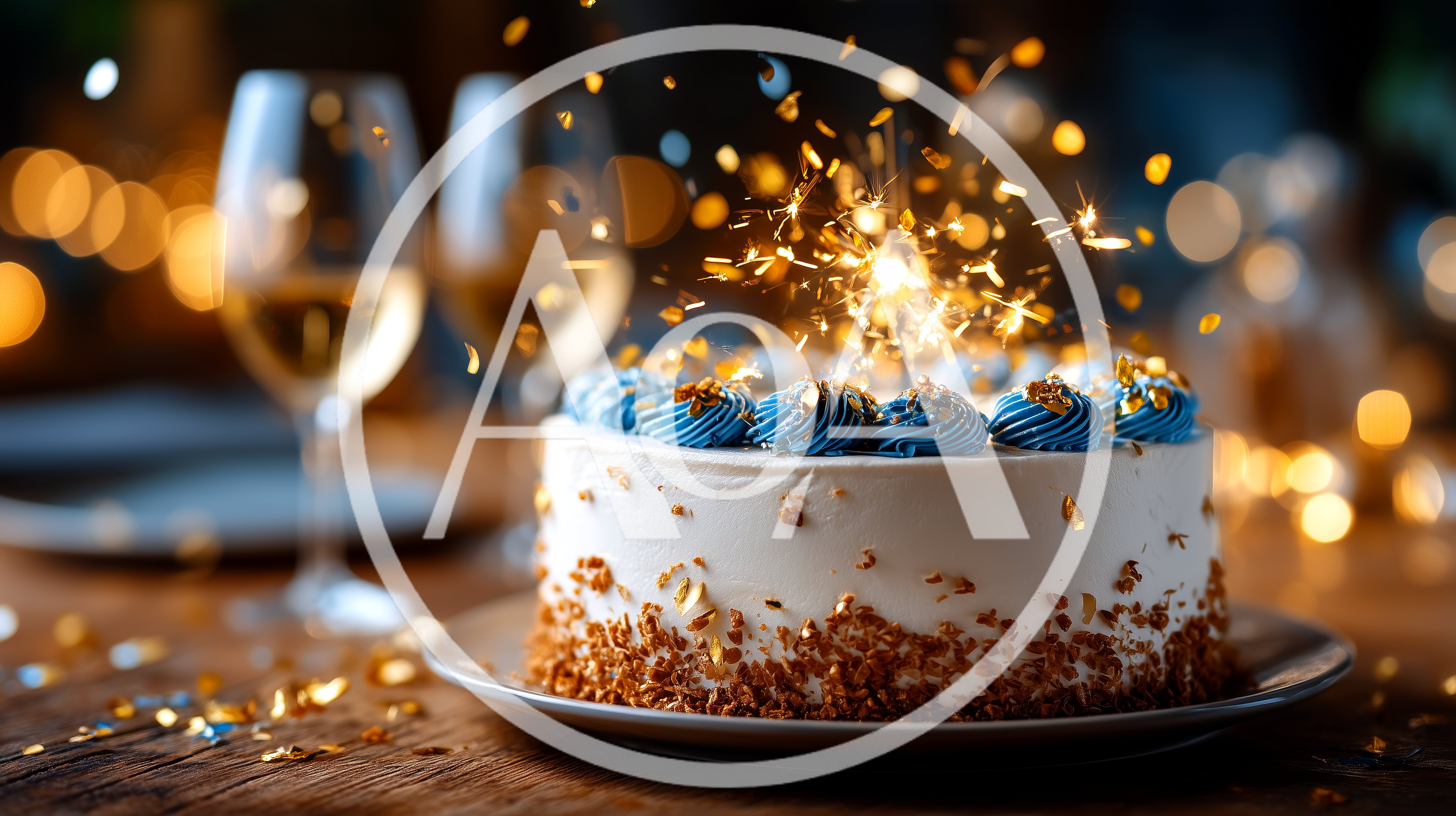 Celebratory Birthday Cake With Sparkler And Wine Glasses