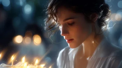 Young Woman Looking At Birthday Cake Candles