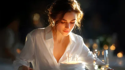 Young Woman Making A Wish On Birthday Cake