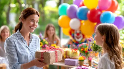 Woman Giving Birthday Gift To Young Girl At Party