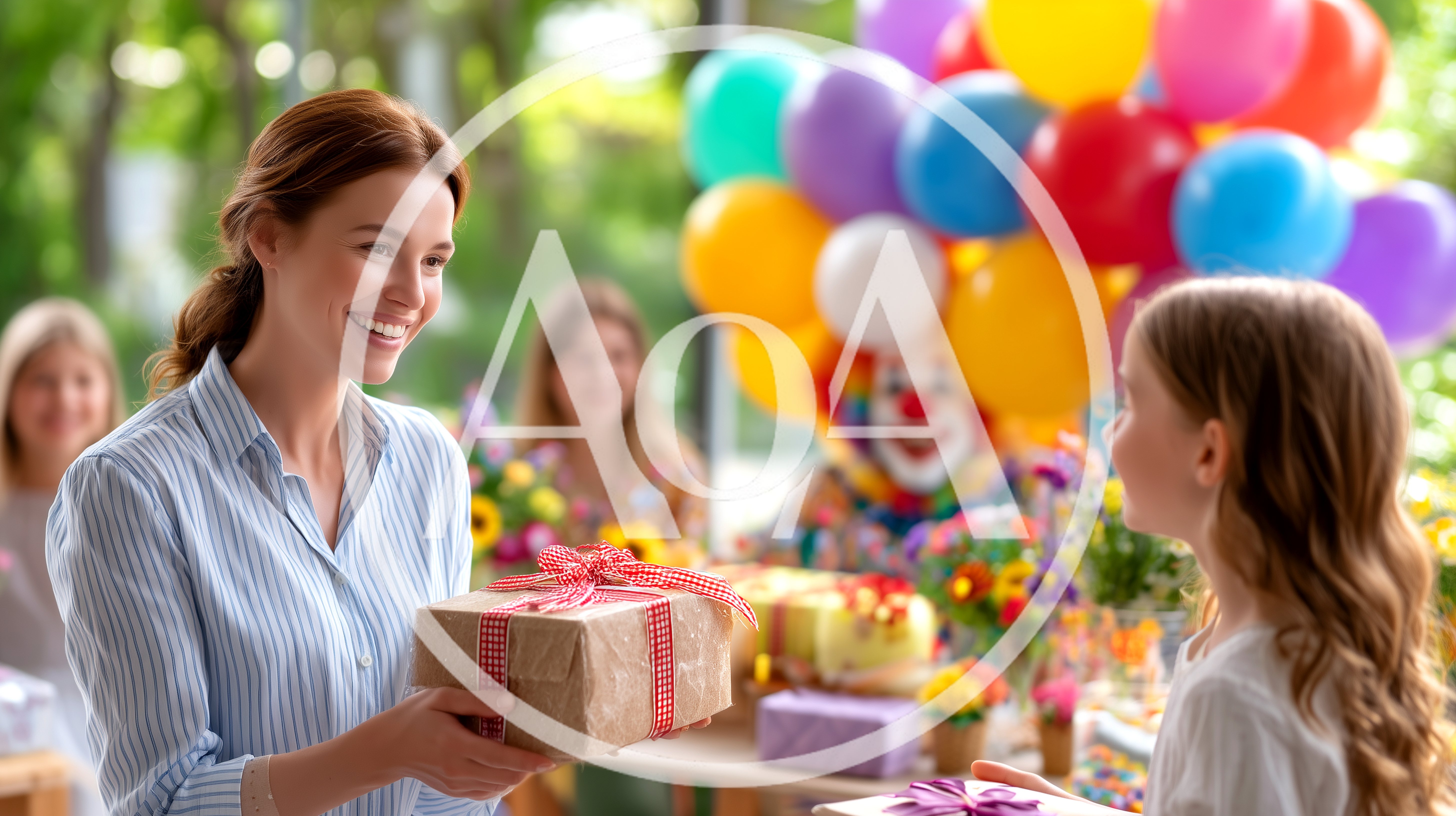 Woman Giving Birthday Gift To Young Girl At Party