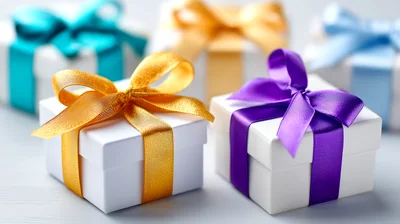 Five Gift Boxes With Colorful Satin Ribbons