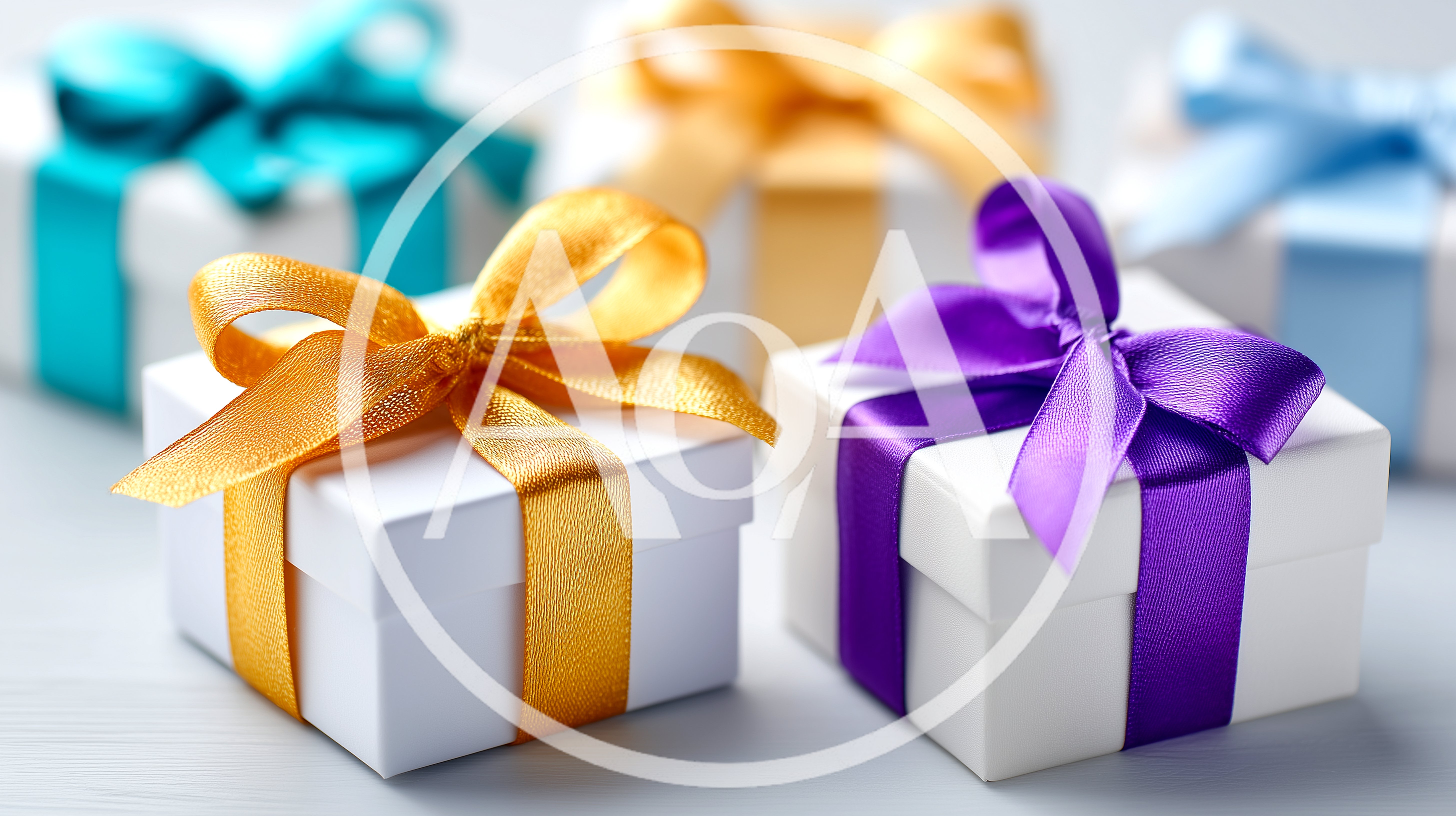 Five Gift Boxes With Colorful Satin Ribbons