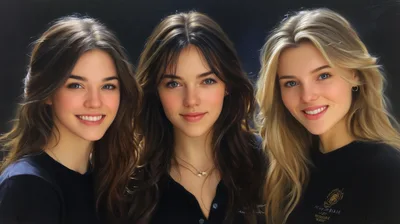 Three Young Women Smiling Together In Studio Portrait