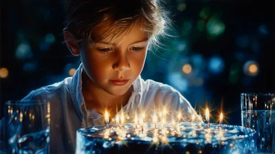 Young Boy Making A Wish On Birthday Cake