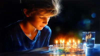 Young Boy Making A Birthday Wish With Lit Candles