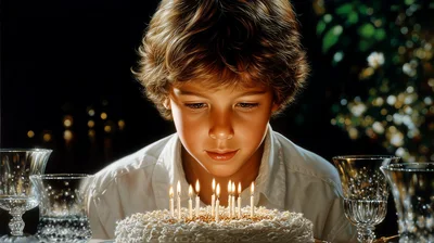 Young Boy Blowing Out Birthday Candles On Cake