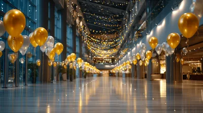 Festive Hallway Decorated With Floating Gold And Silver Balloons