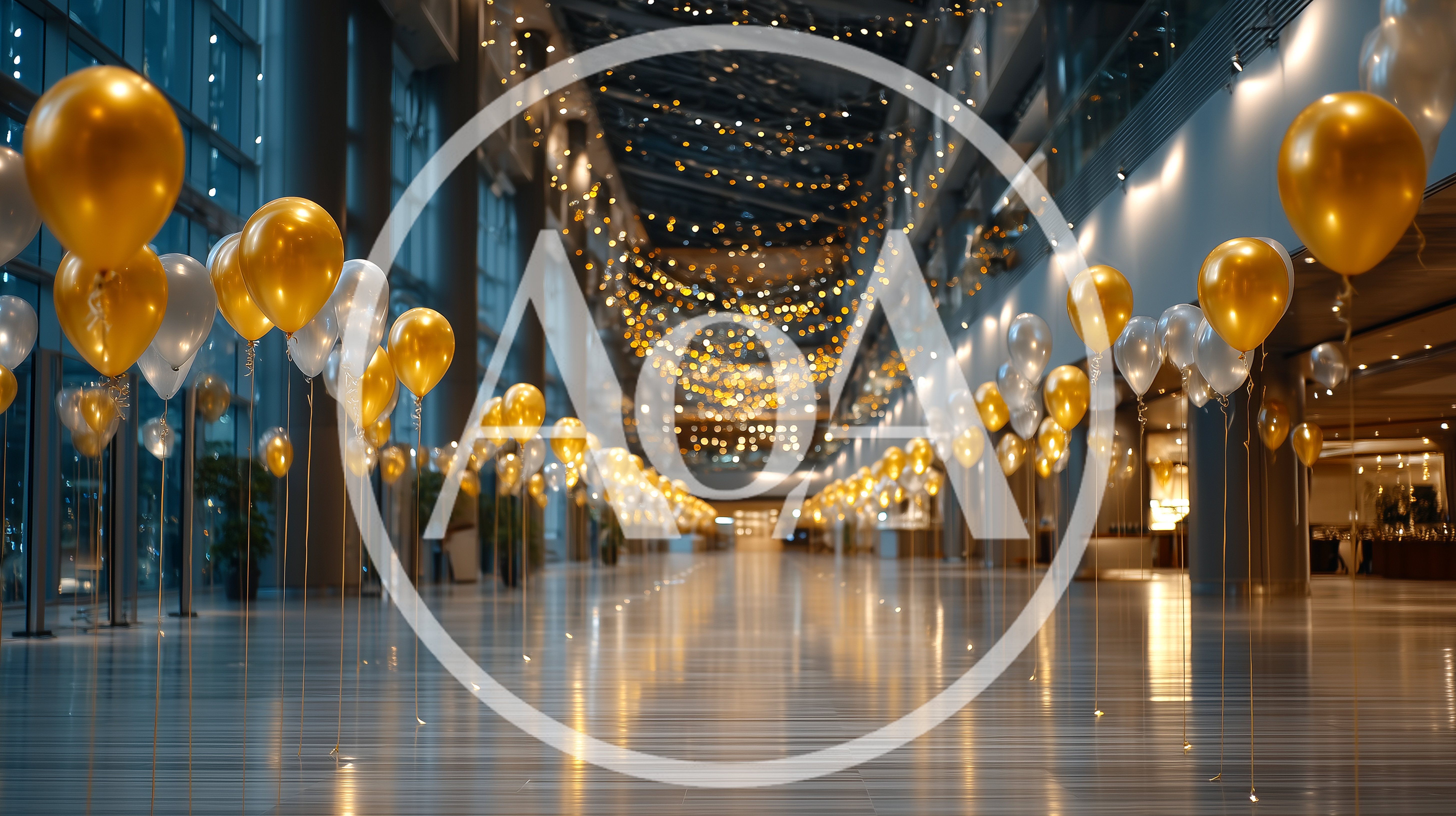 Festive Hallway Decorated With Floating Gold And Silver Balloons