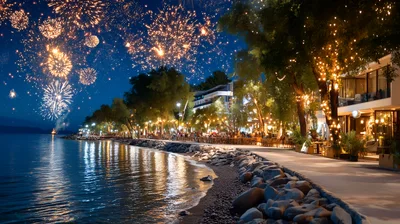 Fireworks Display Over A Scenic Lakeside Promenade