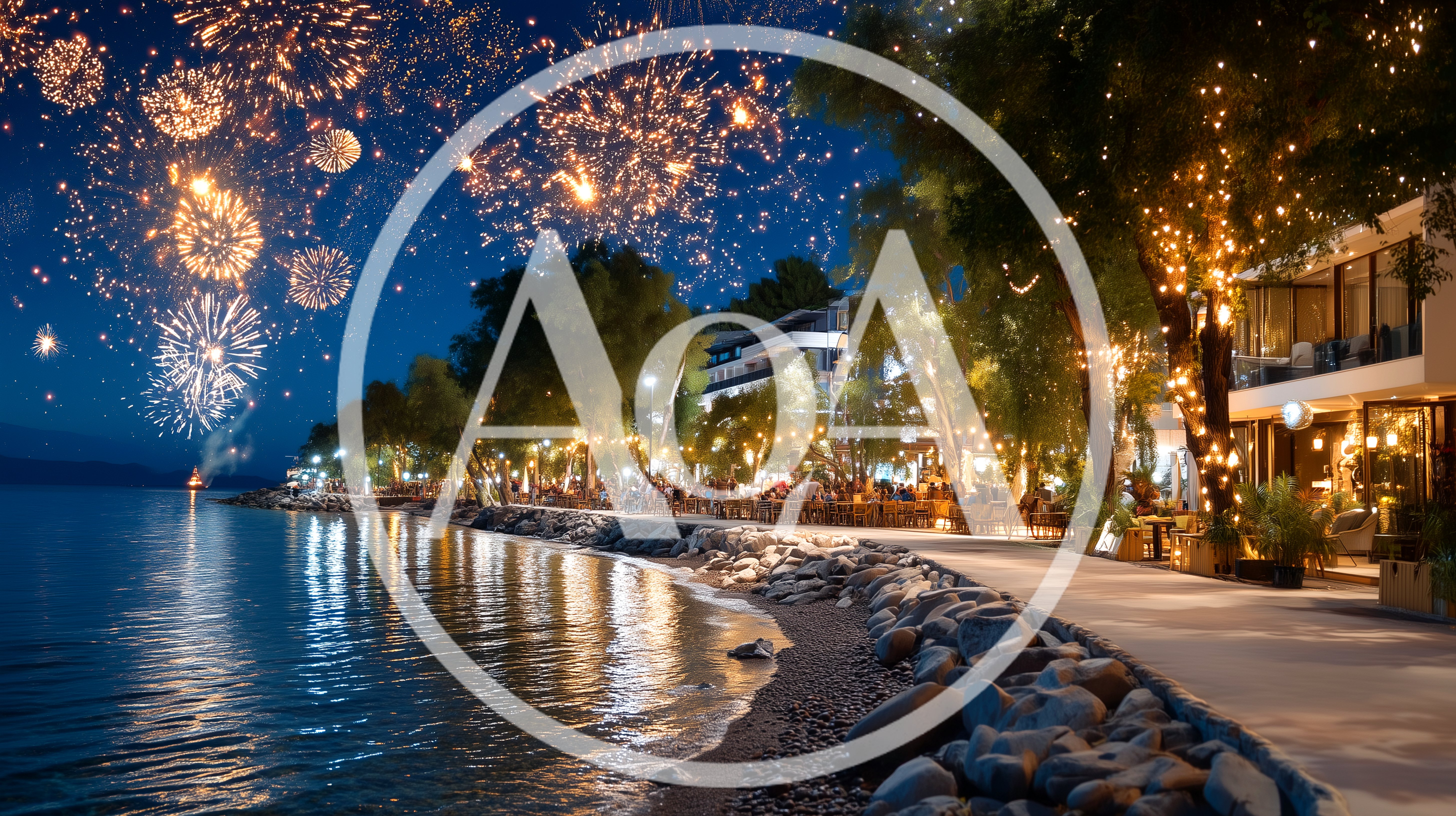 Fireworks Display Over A Scenic Lakeside Promenade