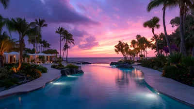 Luxury Resort Infinity Pool At Sunset In Hawaii
