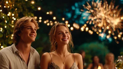 Young Couple Watching Fireworks at Night Celebration