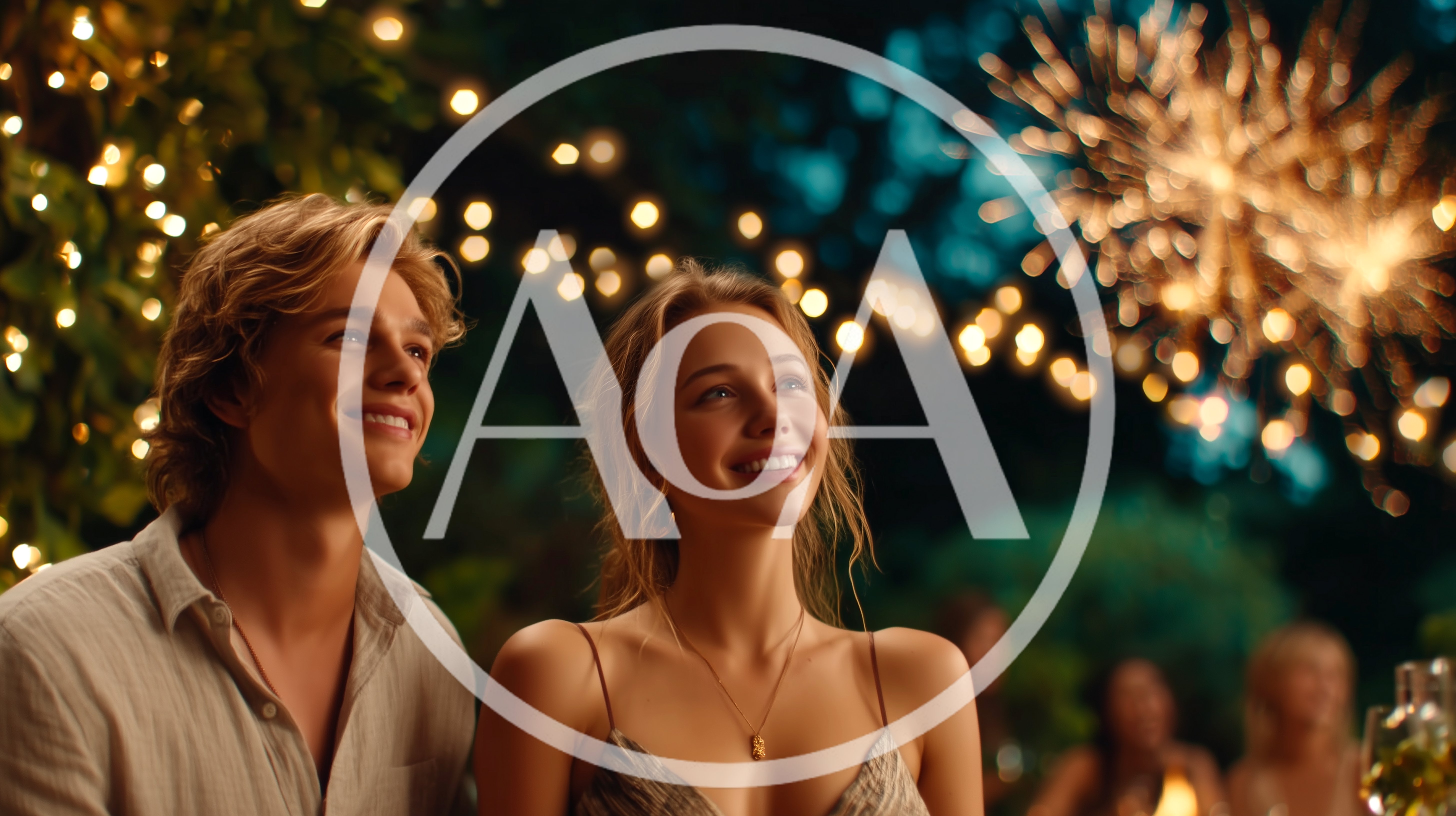 Young Couple Watching Fireworks at Night Celebration