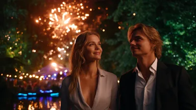 Young Couple Watching Fireworks at Night