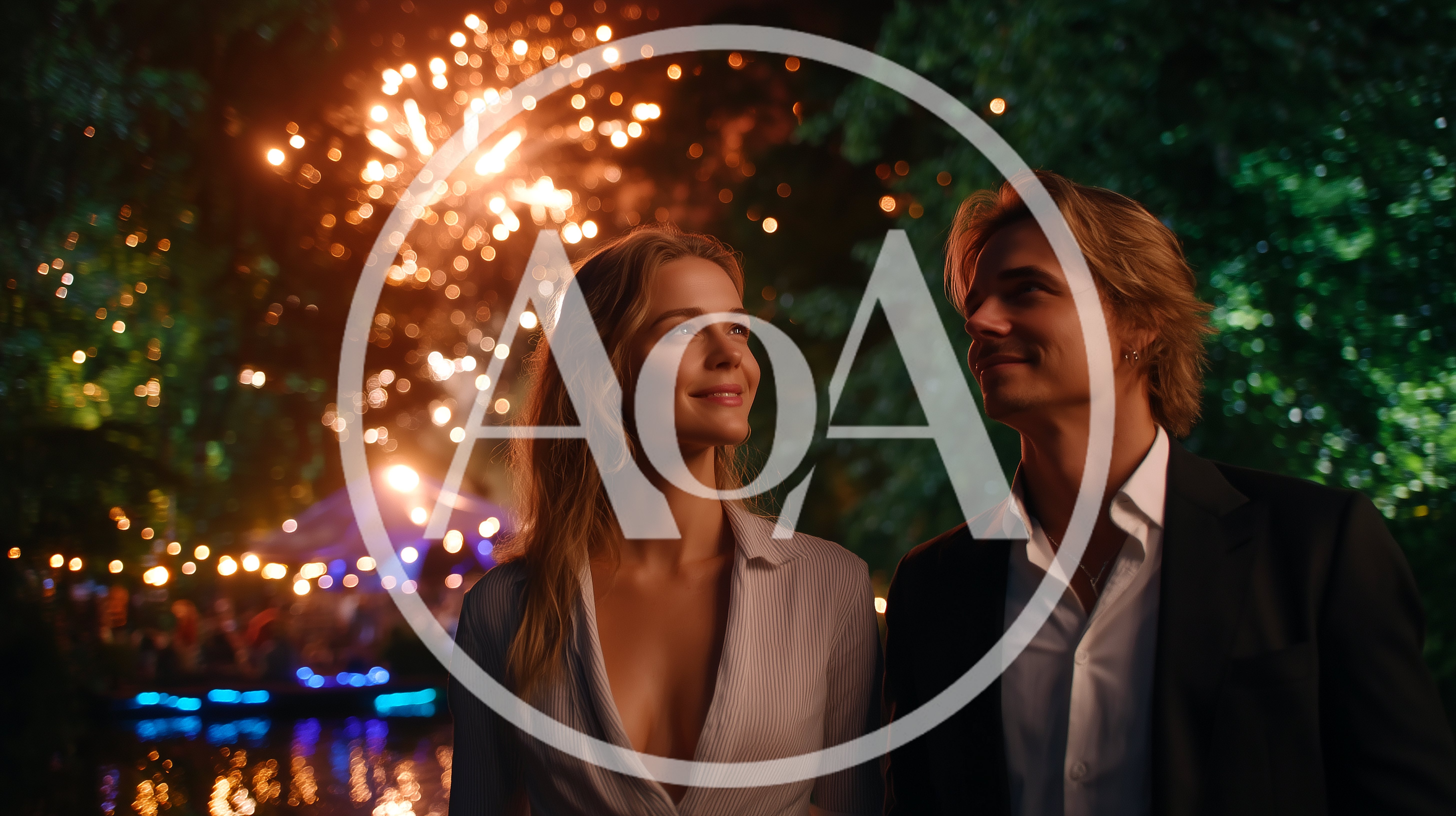 Young Couple Watching Fireworks at Night