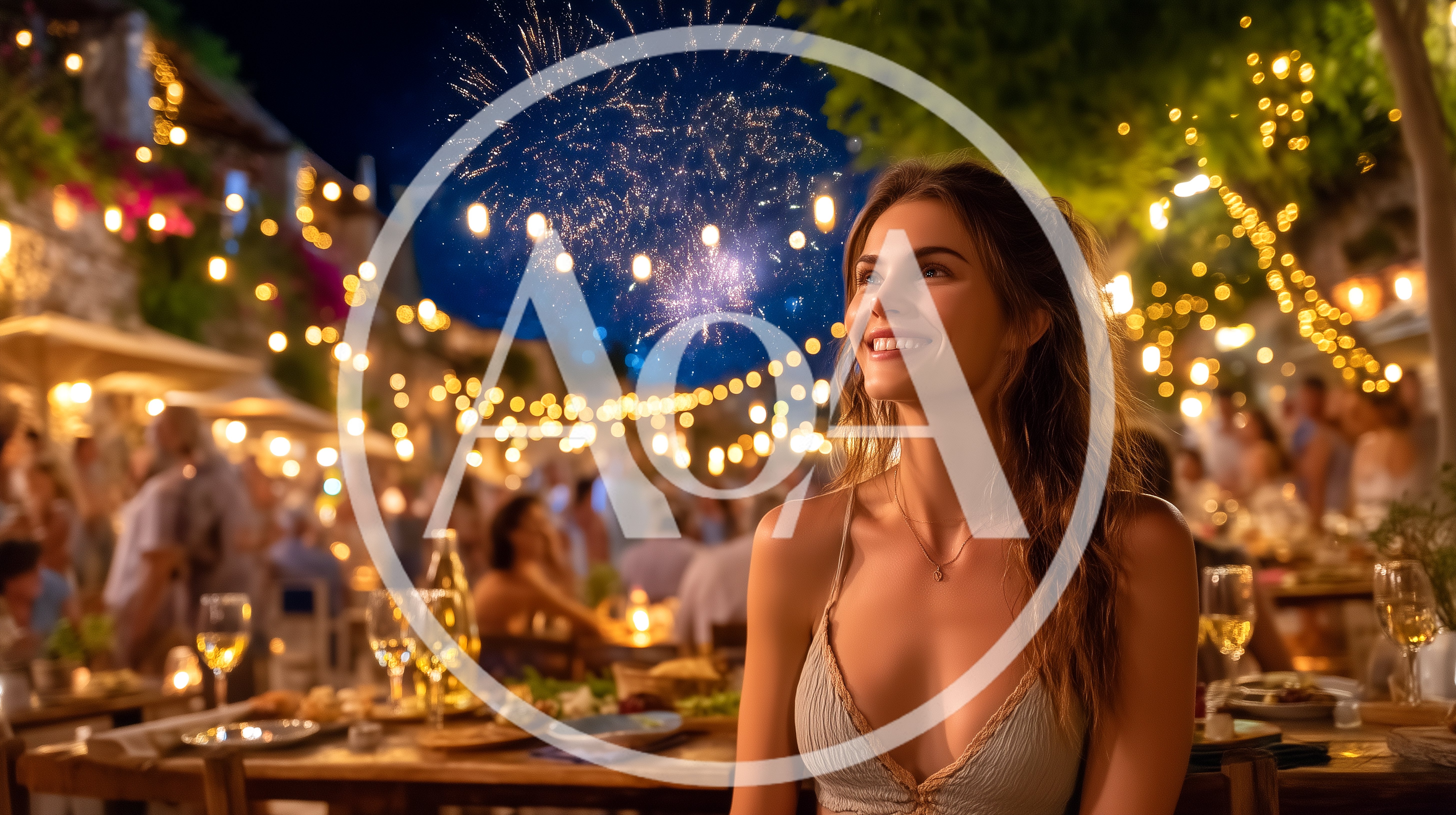 Young Woman Smiling At Fireworks During Outdoor Dinner