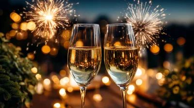 Two Champagne Flutes Toasting With Fireworks Background