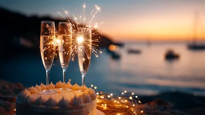 Champagne Flutes With Sparklers On A Cake