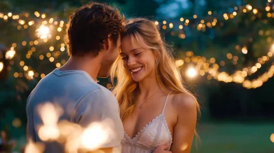 Young Couple Embracing Outdoors Under Fairy Lights
