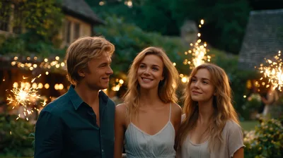 Young Friends Celebrating With Sparklers In A Garden