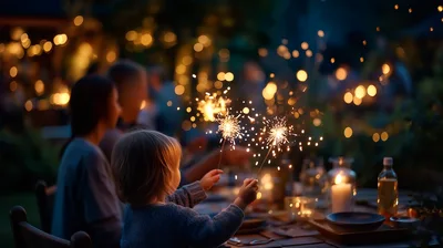 Child Holding Sparklers At An Outdoor Evening Dinner