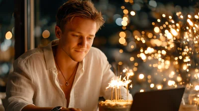 Young Man Celebrating Birthday With Sparklers And Laptop