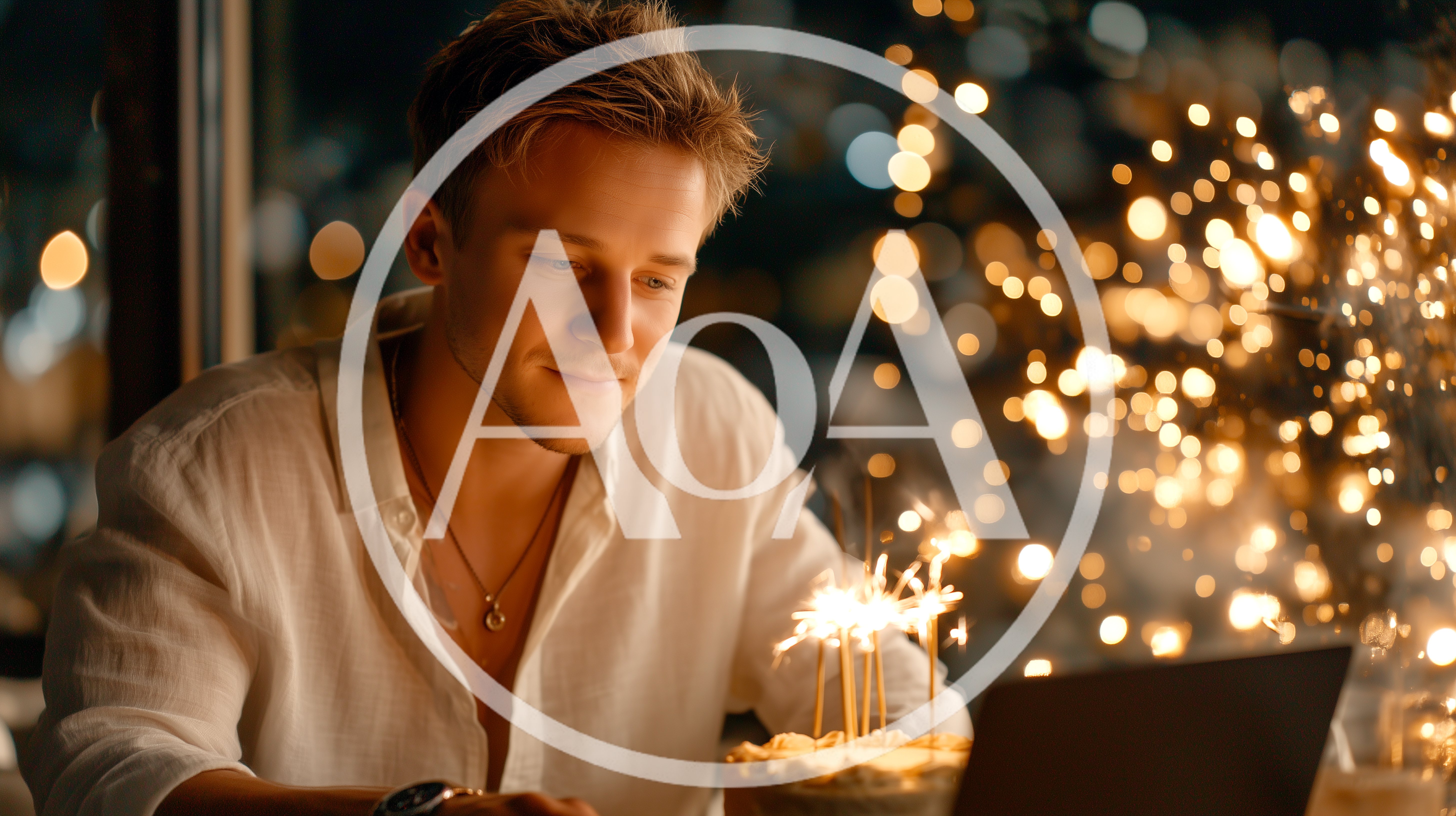Young Man Celebrating Birthday With Sparklers And Laptop