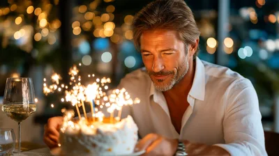 Mature Man Celebrating Birthday With Sparkler Cake