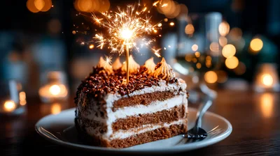 Slice Of Chocolate Cake With A Lit Sparkler