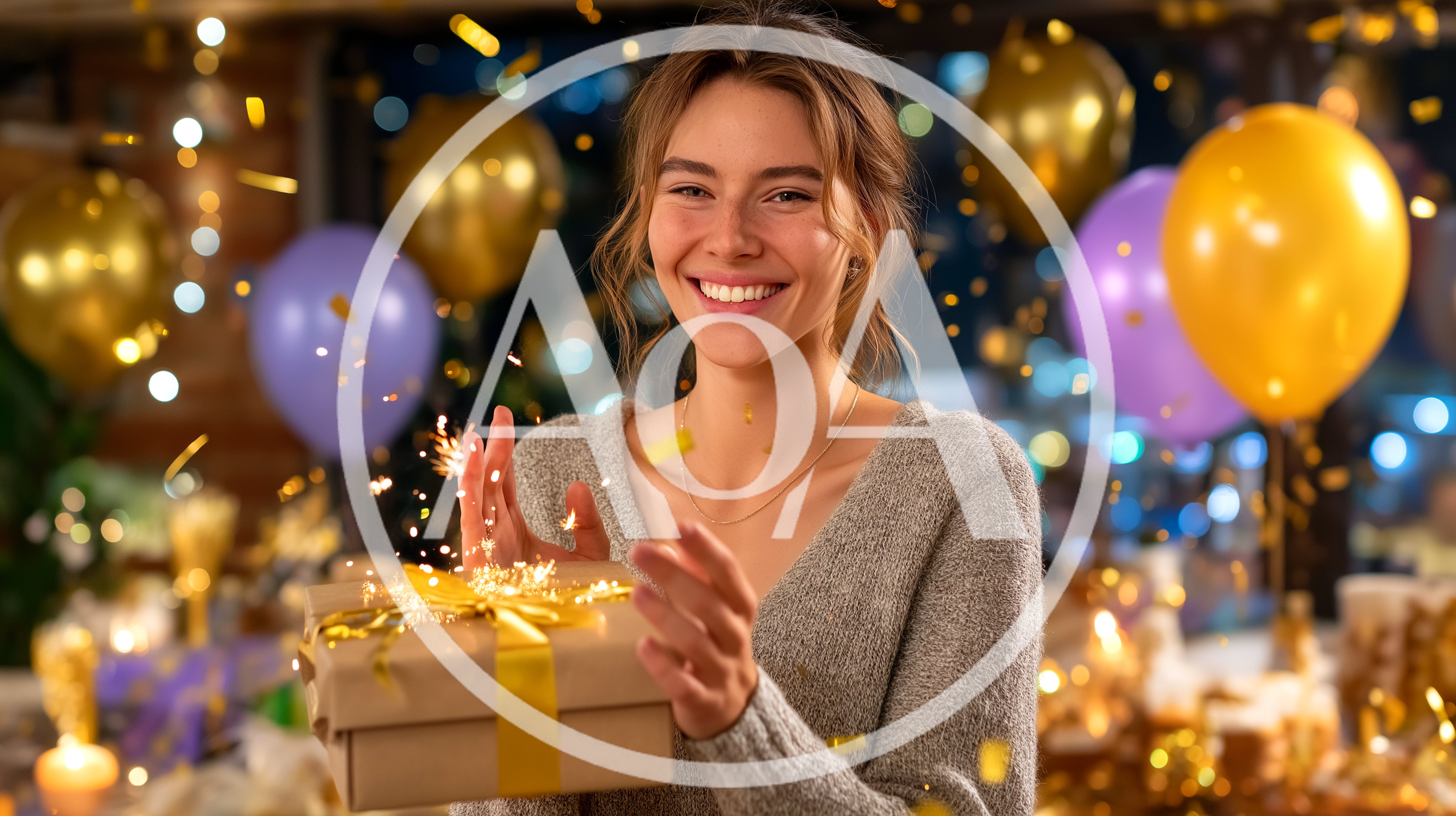 Happy Young Woman Holding A Gift Box At Celebration