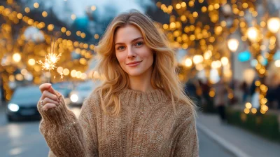 Young Woman Holding A Sparkler Outdoors At Night