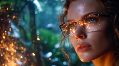 Young Woman Wearing Glasses Reflecting Golden Fire Sparks