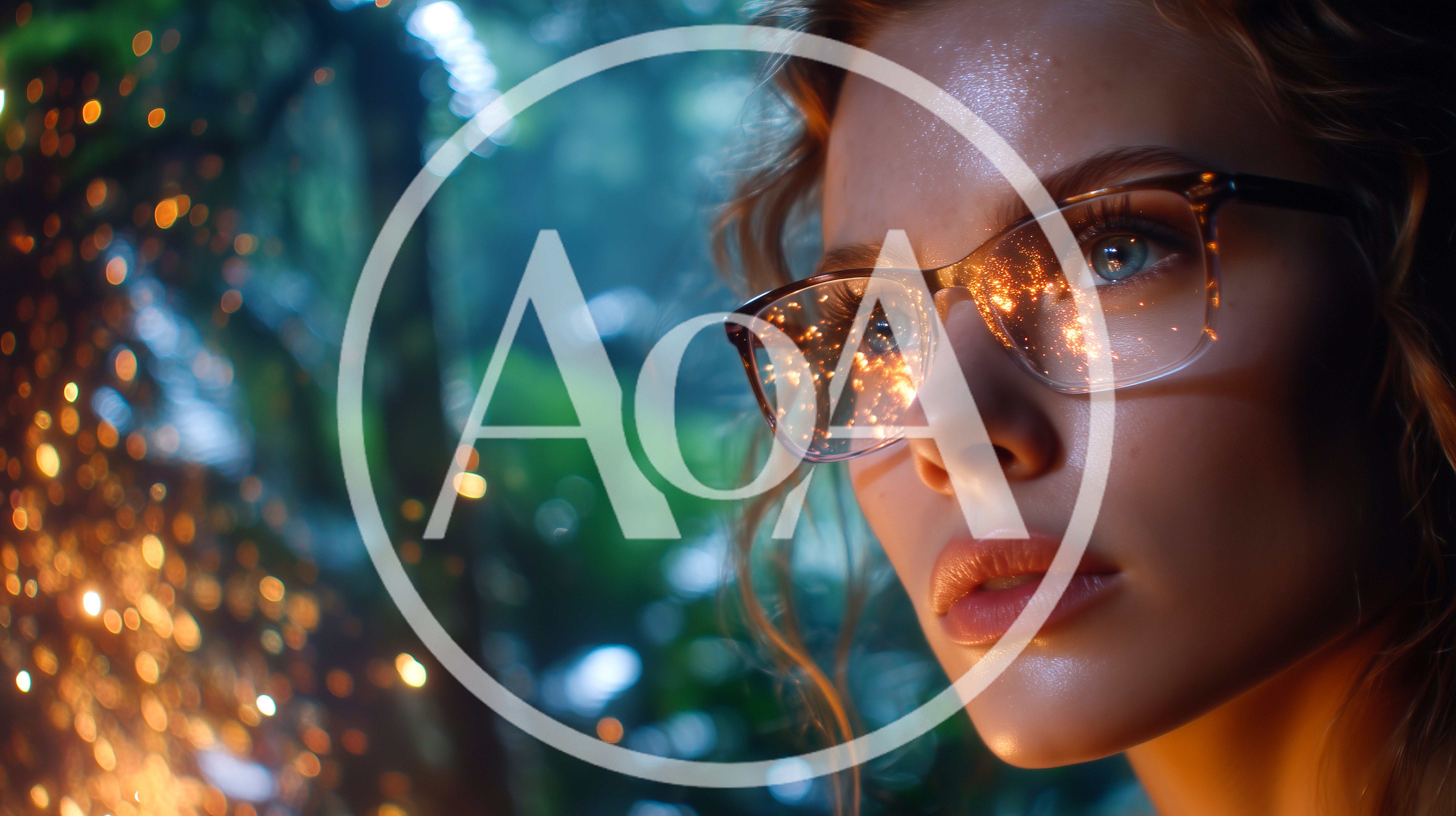 Young Woman Wearing Glasses Reflecting Golden Fire Sparks