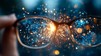 Hand Holding Eyeglasses Focusing On Bright Sparkler Light