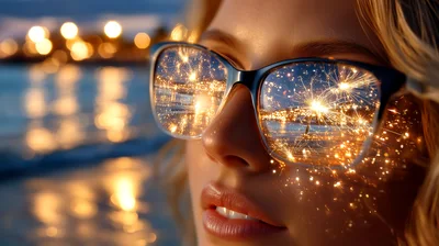 Woman Wearing Glasses Reflecting Fireworks At Night