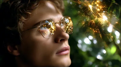 Young Man Wearing Glasses Reflecting Golden Sparkles