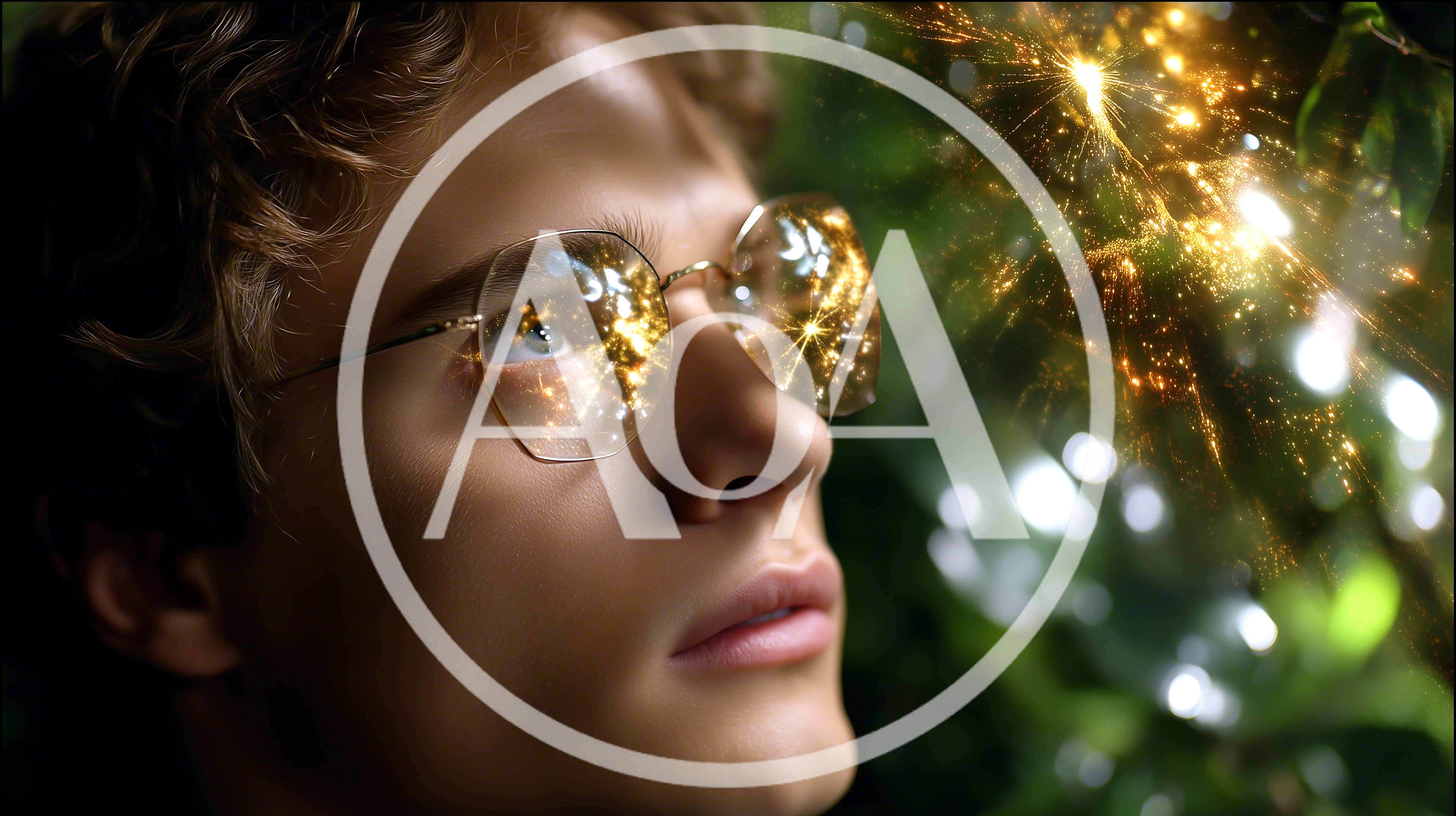 Young Man Wearing Glasses Reflecting Golden Sparkles