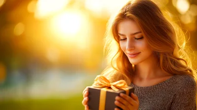 Young Woman Holding A Gift Box At Sunset