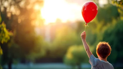 Young Boy Holding A Red Balloon Outdoors