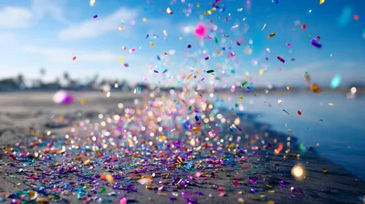 Colorful Confetti Falling On A Sandy Beach