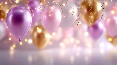 Festive Balloons With Golden Ribbons And Bokeh Lights